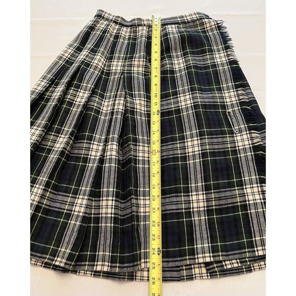 MADISON Wool Wrap Skirt Vintage 8 Blue Green Plaid Tartan Fringe Safety Pin Y2K - Picture 9 of 10